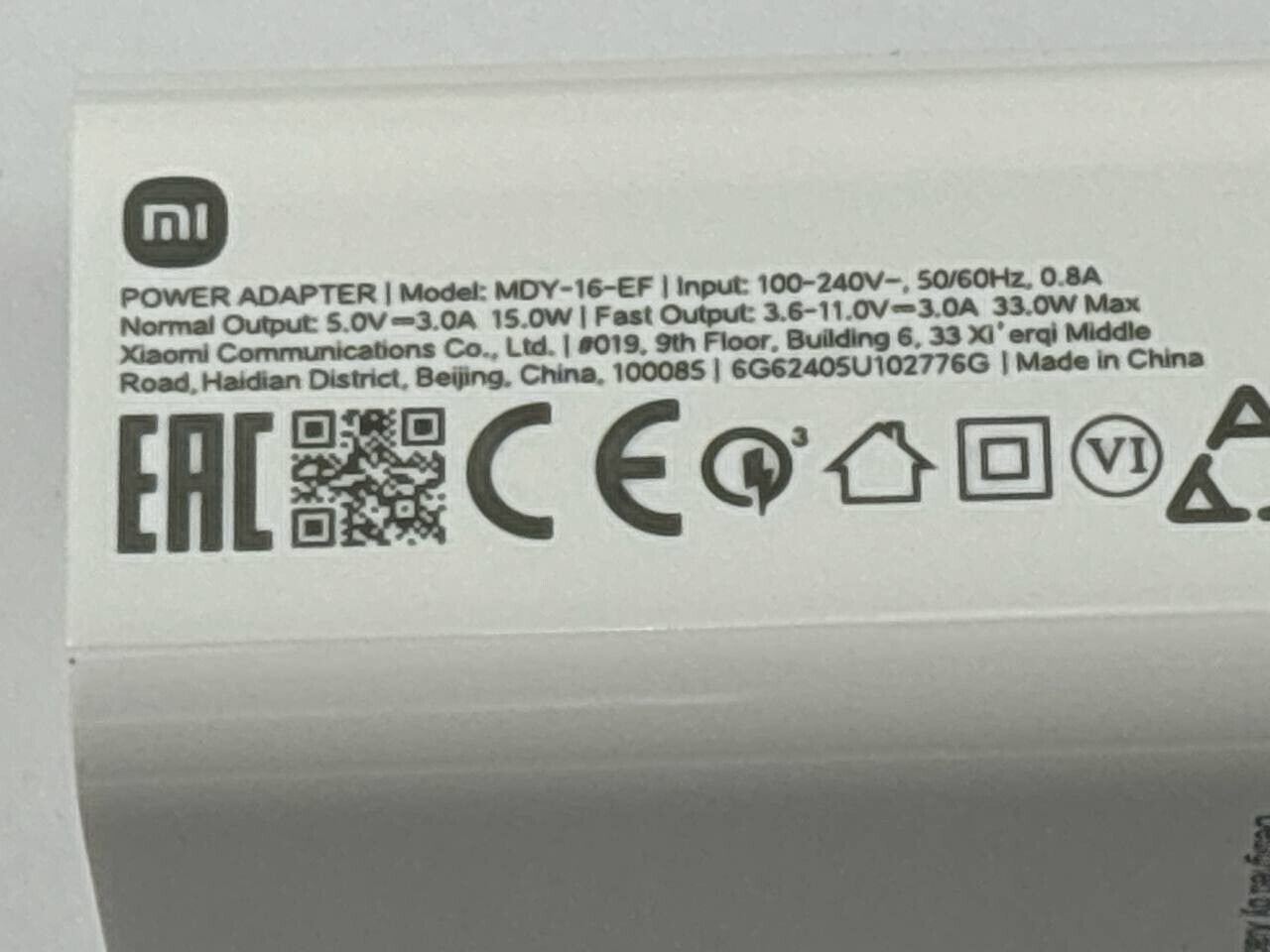 Xiaomi MDY-16-EF Power Adapter USB Fast Charger 33W EU wall Charge Universal Fit