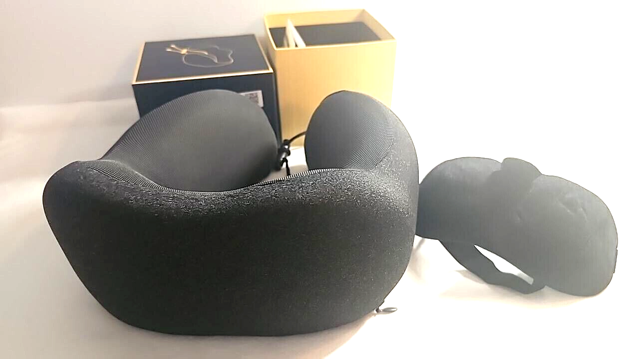 MLVOC Memory Foam Neck Pillow Contoured Eye Mask and Earplugs Travel Kit Black