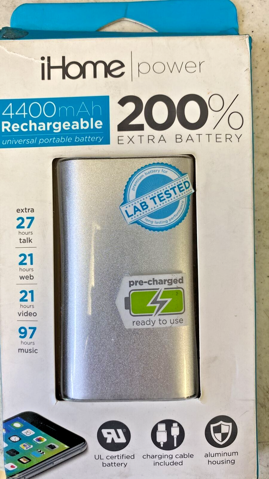 iHome 4400 mAh Portable External Battery Pack Universal Charger Power Bank