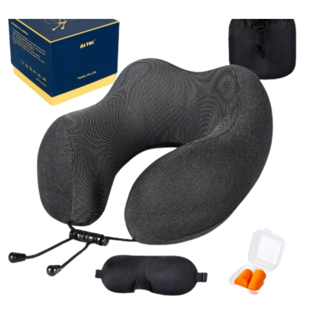 MLVOC Memory Foam Neck Pillow Contoured Eye Mask and Earplugs Travel Kit Black