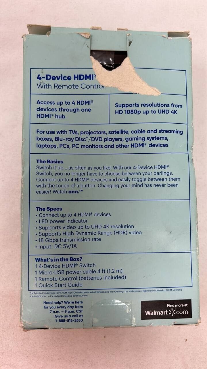 Watch onn 4 Device HDMI Switch with Remote Control for TV Projector Stream Box
