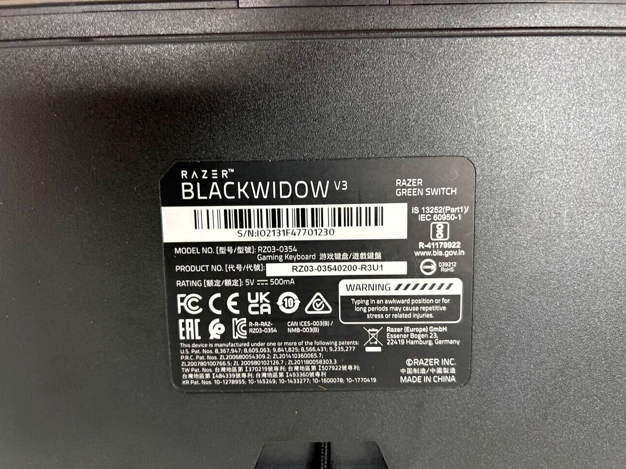 Razer BlackWidow V3 Keyboard Wired Mechanical Gaming RGB Lighting Green Switch