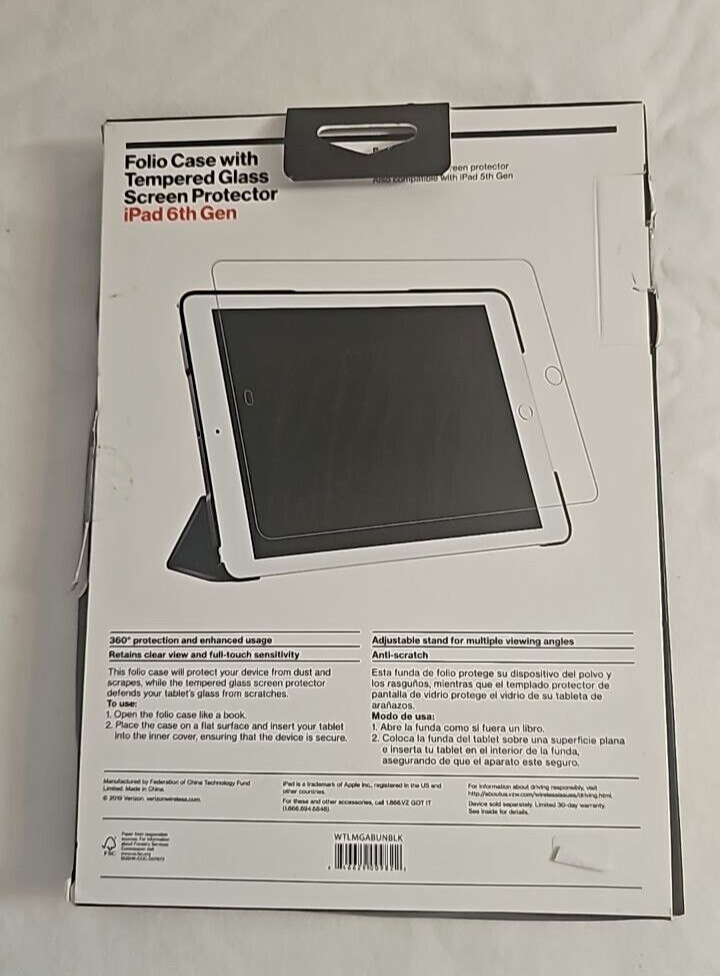 Verizon Folio Case & Tempered Glass Combo for iPad 5th 6th Gen 9.7 In Black