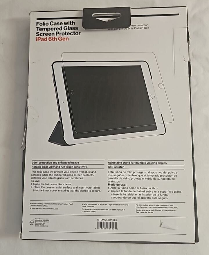 Verizon Folio Case & Tempered Glass Combo for iPad 5th 6th Gen 9.7 In Black