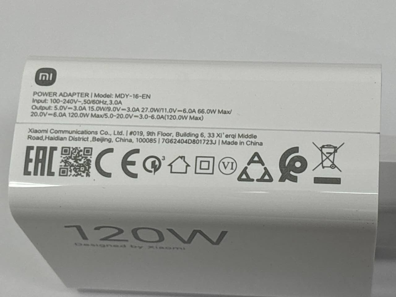 Xiaomi Power Adapter USB Fast Charge 120W for Redmi Note 13 Pro MDY-16-EN Head