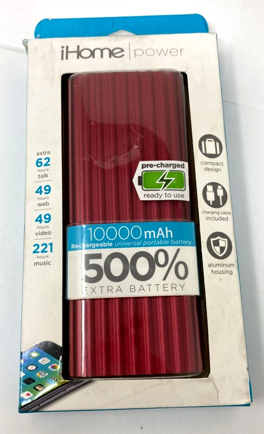 iHome Rechargeable External Portable Battery Charger Power Bank 10000 mAh Red