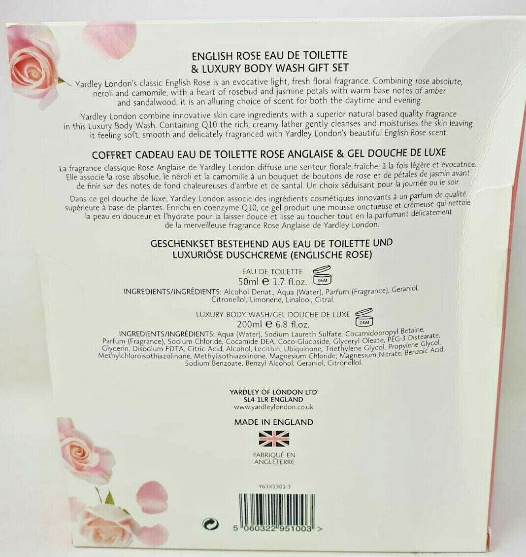 Yardley English Rose Eu the Toilette 1.7Fl oz and Luxury Body Wash 6.8 Gift Set