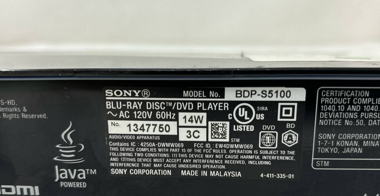 Sony BDP S5100 Blu-Ray 3D DVD Player 1080P WiFi HDMI USB Streaming MP3 Full HD