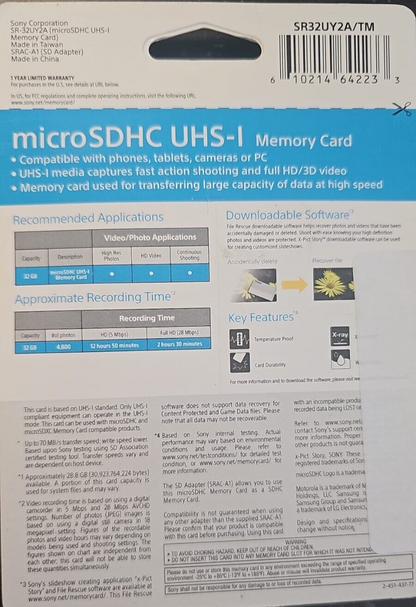 Sony Micro SDHC 32GB High Speed Memory Card Class 10 Adapter Included Original