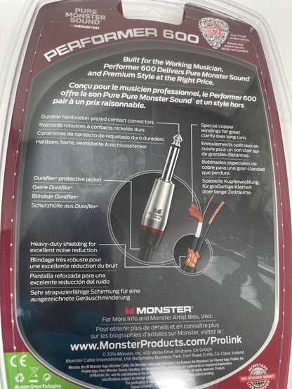 Monster Performer 600 Prolink Instrument Cable 1/4" Straight to Angle 0.75ft