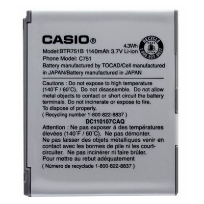 Casio BTR751B Replacement Battery 1140mAh for GzOne Ravine C751 Flip Phone