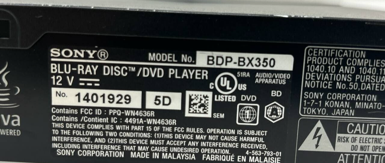 Sony BDP-BX350 Blu-Ray Disc DVD Player 1080p Streaming WiFi HDMI USB Full HD