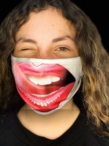 Reusable 3 Lay Protective Face Mask Animated Smile Open Mouth Tong Out for Kids
