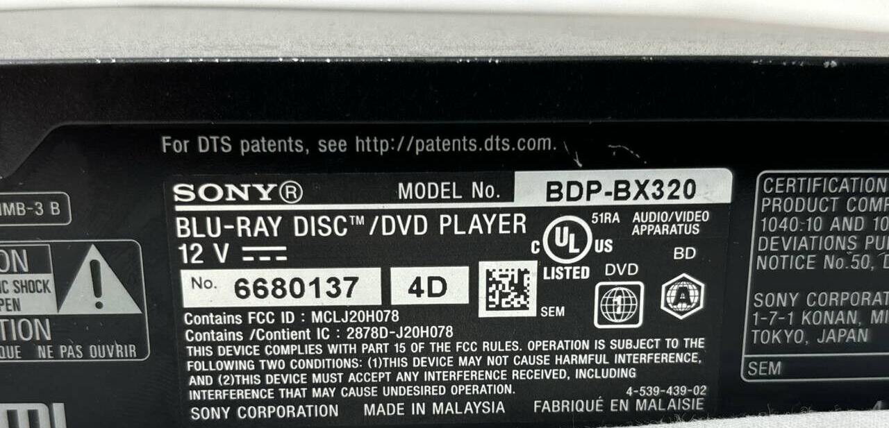 Sony BDP-BX320 Smart Blu-Ray DVD Disc Player WiFi Full HD 1080p HDMI USB MP3