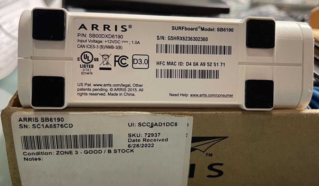 Arris SB6190 SURFboard Gigabit Cable Modem DOCSIS 3.0 Comcast Cox White OEM