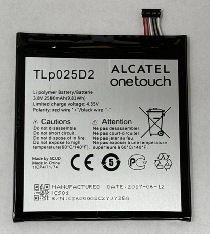 Alcatel TLp025D2 Smartphone Battery for Pixi 4 8050D 2580mAh 3.8V 9.81 W