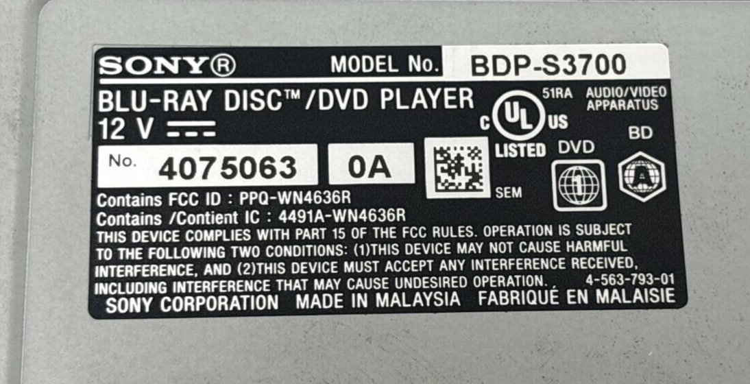 Sony BDP-S3700 Blu-Ray DVD Disc Player Full HD with WiFi Dolby Sound Working