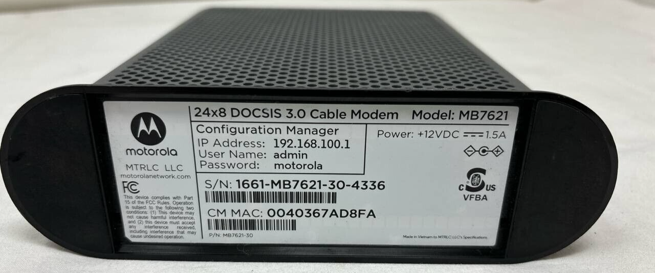 Motorola MB7621 Cable Modem 24x8 DOCSIS 3.0 Xfinity Cox Spectrum 900 Mbps