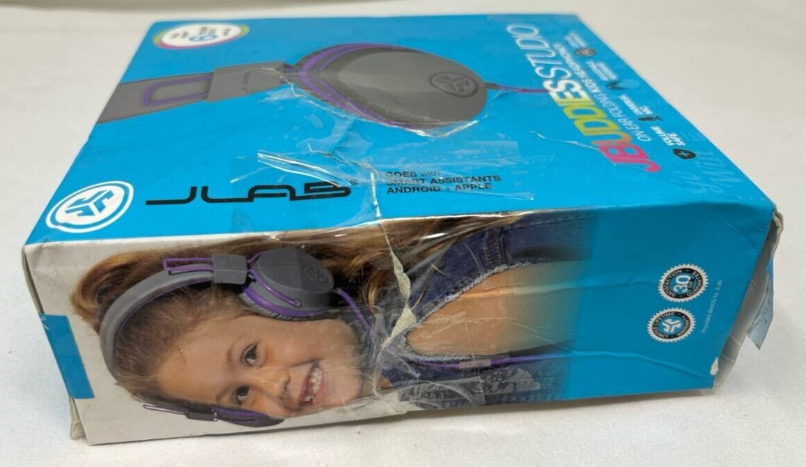 JLab JBuddies Studio On Ear Wired Headphones Kids Volume Control Mic Purple Gray