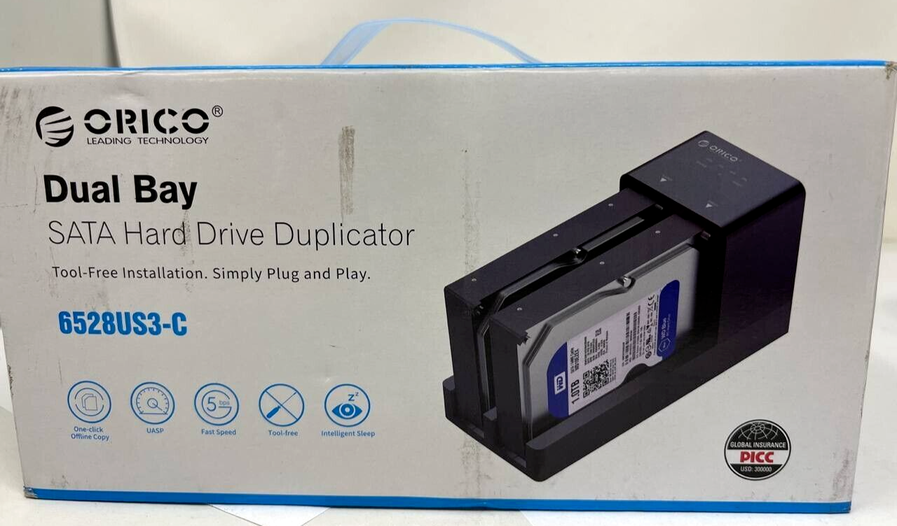 Orico 6528US3-C Dual Bay SATA Hard Drive Duplicator 2.5" 3.5" and Power Adapter