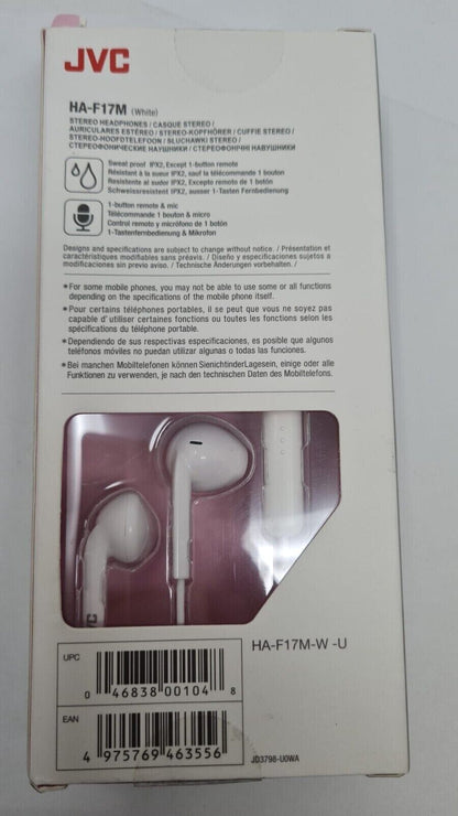 JVC Wired Earbuds HA-F17M Handsfree Stereo Earphones with Microphone White