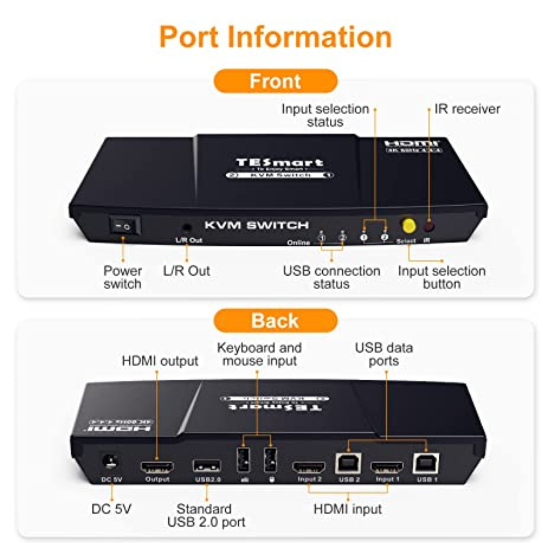 Tesmart 2 Port KVM Switch HDMI Dual Monitor 4K60Hz with USB Hub Extended Display