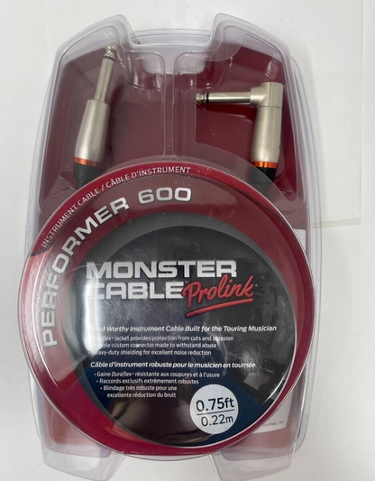 Monster Performer 600 Prolink Instrument Cable 1/4" Straight to Angle 0.75ft