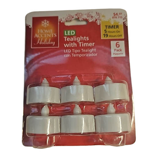 6 Pack Home Accents Holiday LED Tea Light Candles 5 Hours Timer Decoration White
