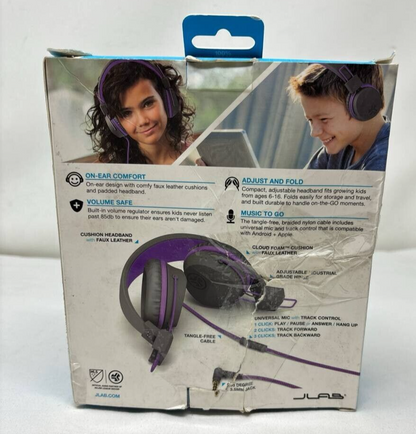 JLab JBuddies Studio On Ear Wired Headphones Kids Volume Control Mic Purple Gray