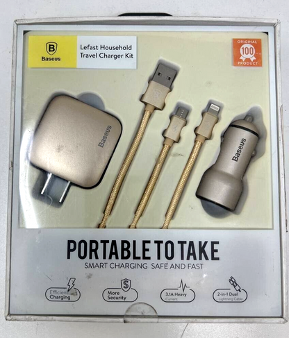 Baseus Wall & Car Double Port Charger Kit Dual USB Cable to USB C TO IPHONE Gold