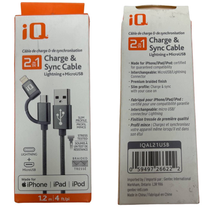 IQ Charge Sync Cable 2 in 1 Dual IPhone and Micro USB to USB Charging 4ft