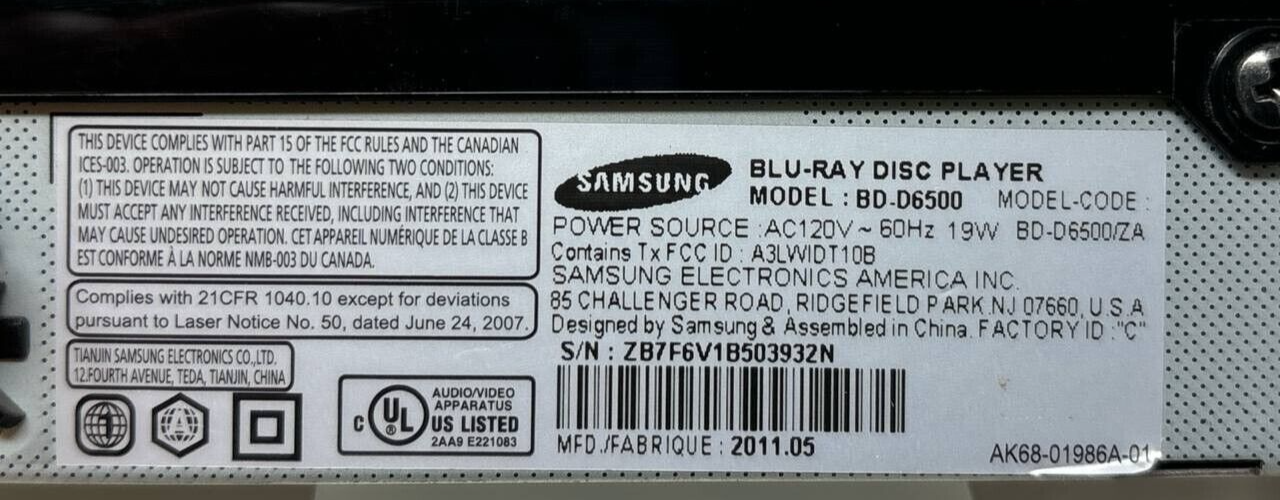 Samsung BD-D6500 3D CD DVD Blu-Ray Player Dolby Digital HD Media 120V Black