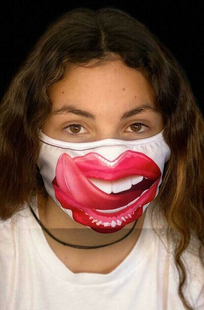 Reusable 3 Lay Protective Face Mask Animated Smile Open Mouth Tong Out for Kids