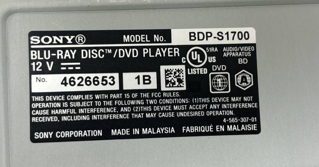 Sony BDP S1700 Blu-Ray DVD Player 1080p HDMI Dolby HD Wired Streaming READ