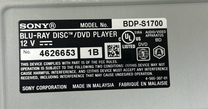 Sony BDP S1700 Blu-Ray DVD Player 1080p HDMI Dolby HD Wired Streaming READ