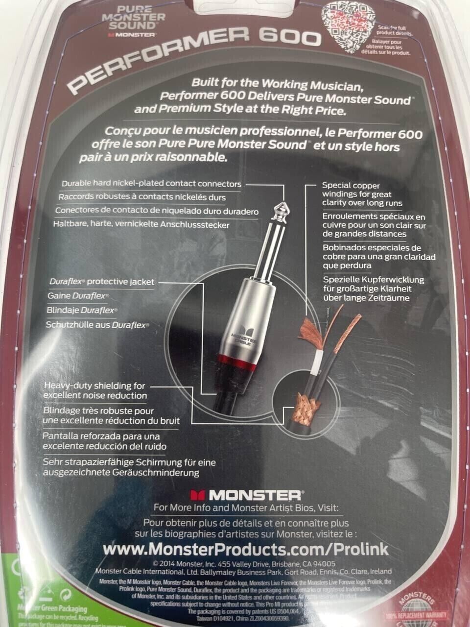 Monster Performer 600 Prolink Instrument Cable 1/4" Straight to Angle 0.75ft