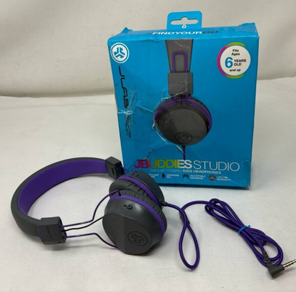 JLab JBuddies Studio On Ear Wired Headphones Kids Volume Control Mic Purple Gray