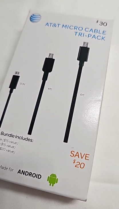 AT&T Micro USB Charging Cable Tri-Pack 9in 6ft 4ft USB Data Sync Transfer Black