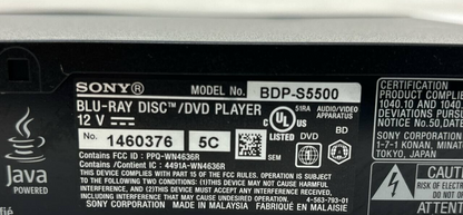 Sony BDP-S5500 3D Blu-Ray DVD Player 1080P USB HDMI Streaming Dolby Digital