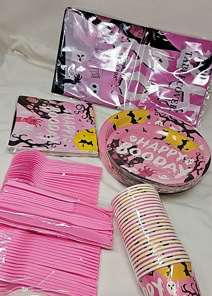 Pink Halloween Party Day Supplies for 24 Guests Tableware Plates Cups Set Kids