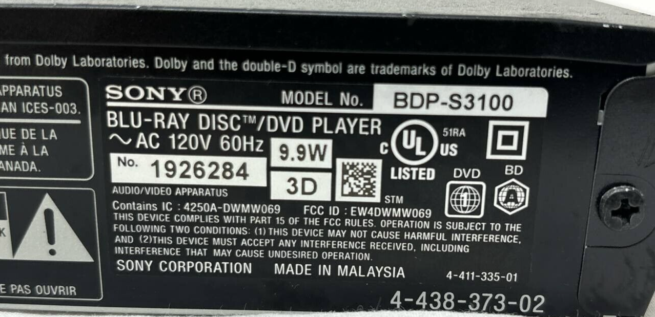 Sony BDP-S3100 DVD Disc Player 1080p Full HD Multi Format HDMI USB MP3 READ