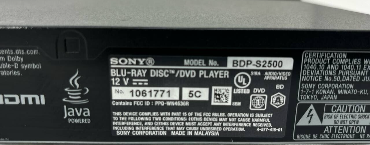 Sony BDP-S2500 CD DVD Blu-Ray Player WiFi HDMI Dolby Digital HD Stream READ