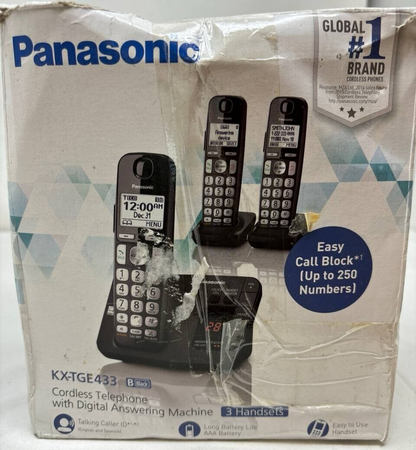 Panasonic KXTGE433B Single Line Cordless Phone Handset Answering Machine READ