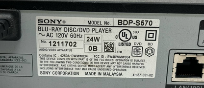 Sony BDP-S570 3D DVD Blu-Ray Player HDMI USB Dolby Digital HD WiFi Streaming