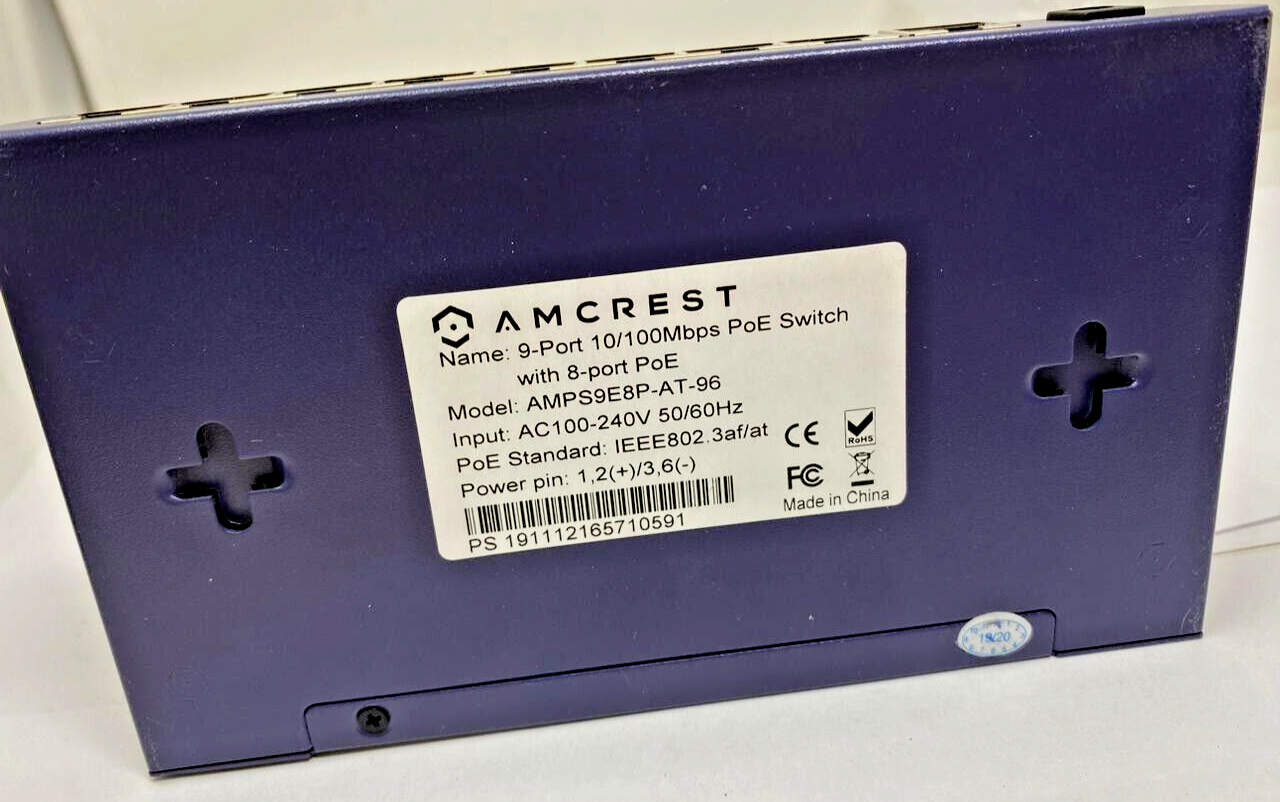 Amcrest Power Over Ethernet Switch Plug Play Desktop 9 Port PoE+ Gigabit 96W Hub