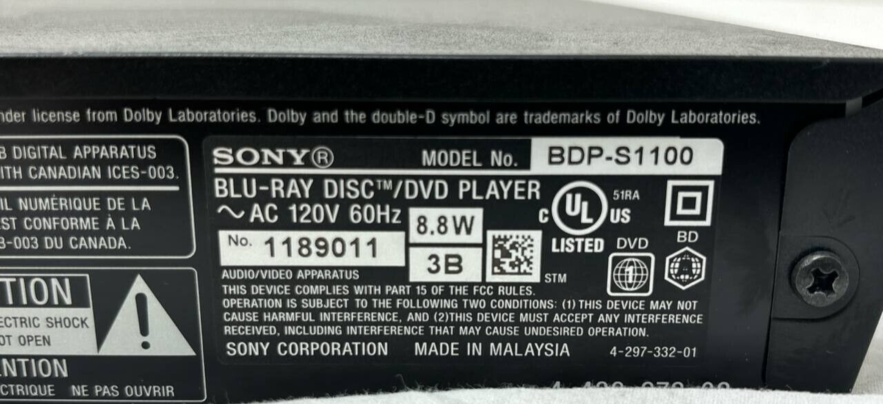 Sony BDP-S1100 Blu-Ray DVD CD Player 1080p Full HD USB Wireless Streaming READ