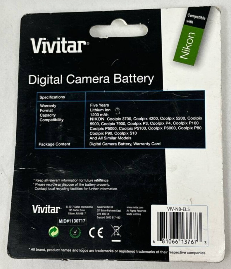 Vivitar NB-EL5 Digital Camera Battery For Nikon Coolpix P80 P90 P100 P500 P510