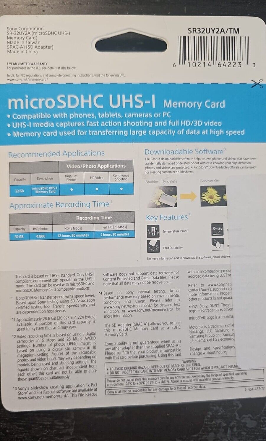 Sony Micro SDHC 32GB High Speed Memory Card Class 10 Adapter Included Original