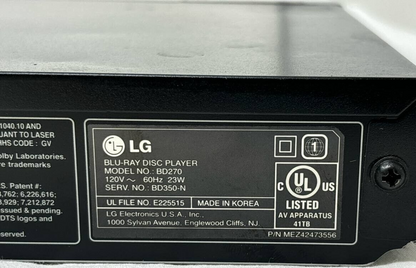 LG BD270 Blu Ray DVD CD Player 1080p Full HD Wireless Streaming USB HDMI MP3