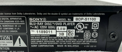 Sony BDP-S1100 Blu-Ray DVD CD Player 1080p Full HD USB Wireless Streaming READ